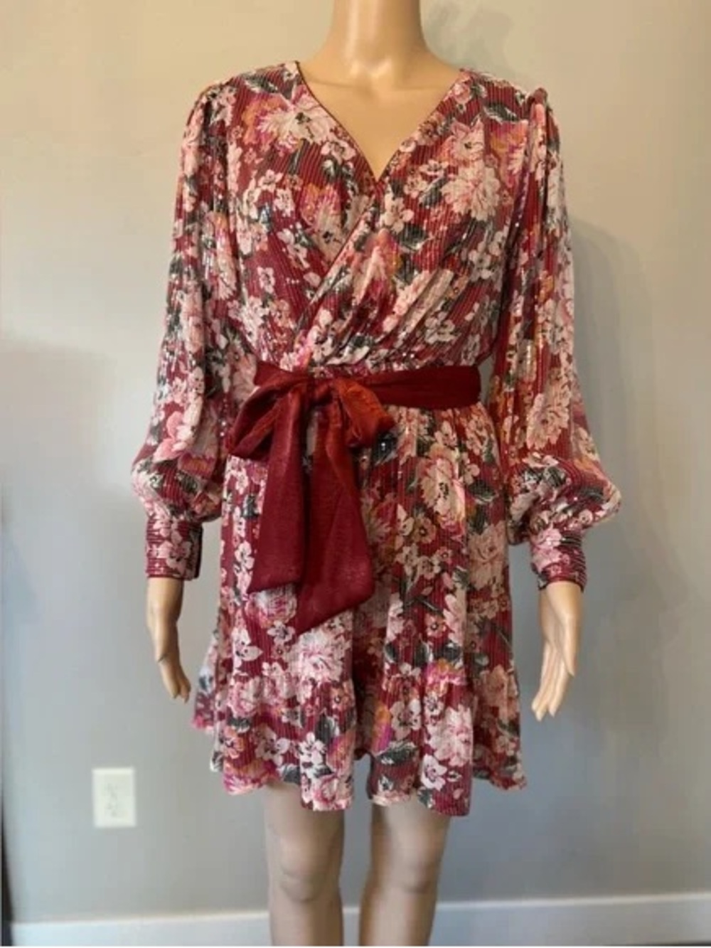 LC Lauren Conrad NWT Sequin Floral Wrap Mini Dress - Picture 2 of 7